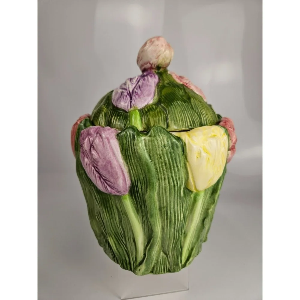 Vintage 1995 Tulip Cookie‎ Jar Floral Relief Ceramic Cottage Kitchen
